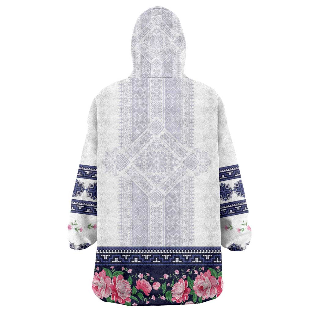 Navy Romanian National Costume Wearable Blanket Hoodie Peony Flowers Traditional Folk Pattern - Wonder Print Shop