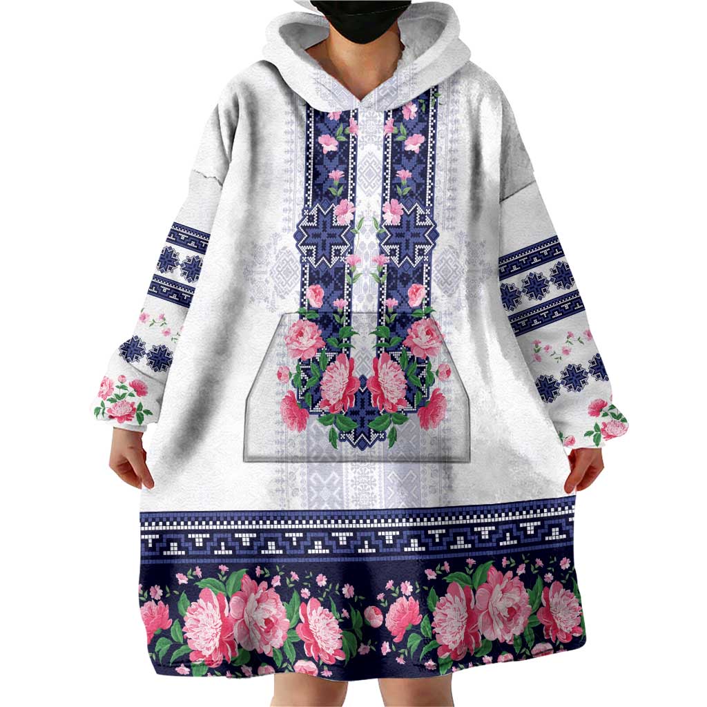 Navy Romanian National Costume Wearable Blanket Hoodie Peony Flowers Traditional Folk Pattern - Wonder Print Shop
