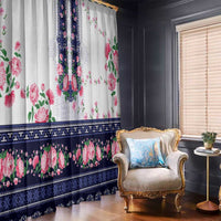 Navy Romanian National Costume Window Curtain Peony Flowers Traditional Folk Pattern - Wonder Print Shop