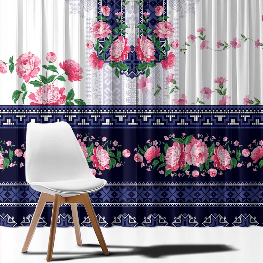Navy Romanian National Costume Window Curtain Peony Flowers Traditional Folk Pattern - Wonder Print Shop