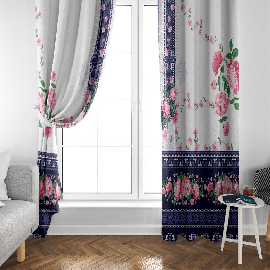Navy Romanian National Costume Window Curtain Peony Flowers Traditional Folk Pattern - Wonder Print Shop