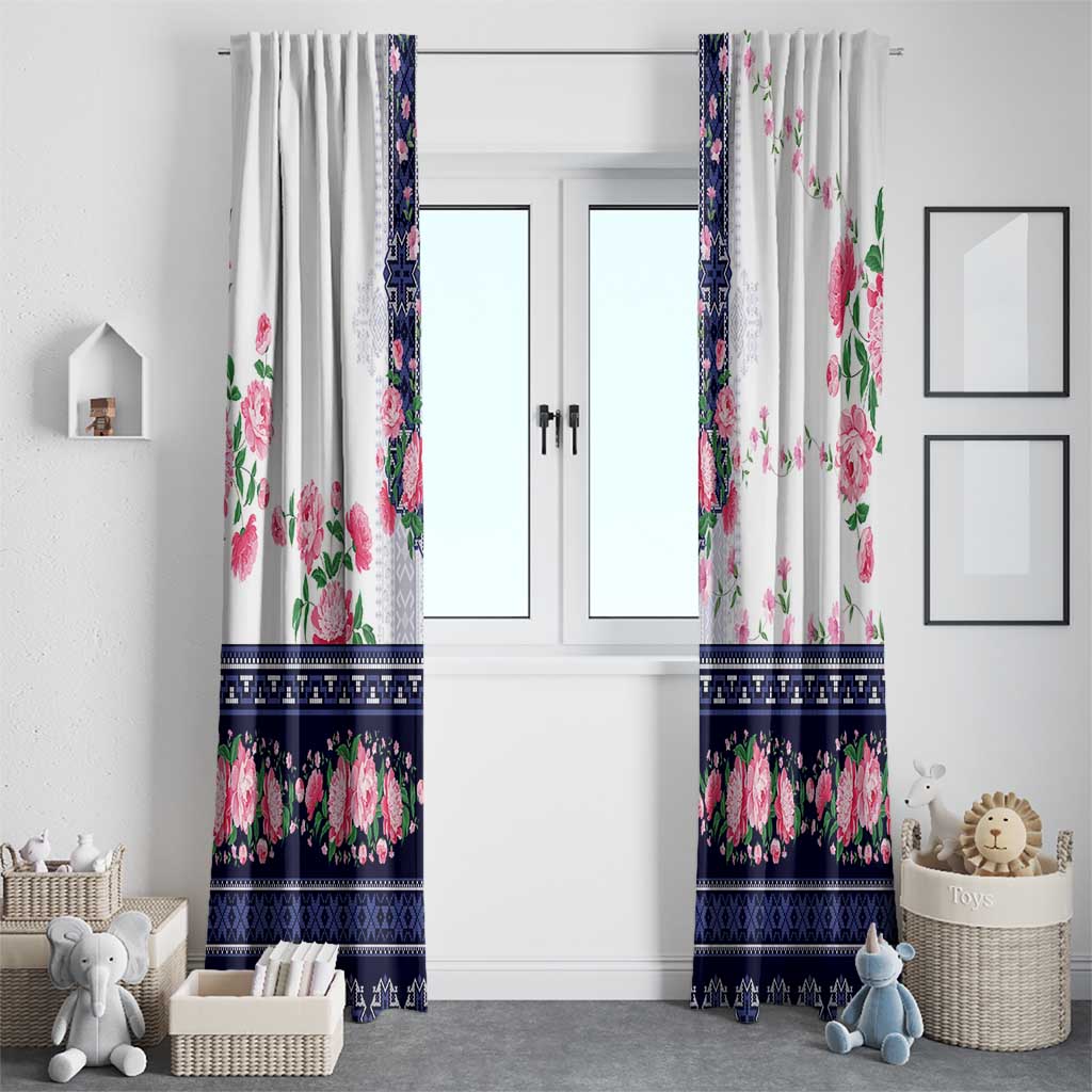 Navy Romanian National Costume Window Curtain Peony Flowers Traditional Folk Pattern - Wonder Print Shop