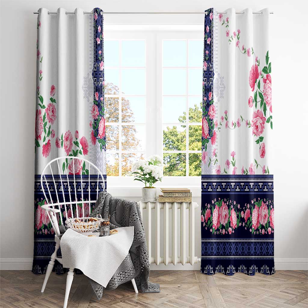 Navy Romanian National Costume Window Curtain Peony Flowers Traditional Folk Pattern - Wonder Print Shop
