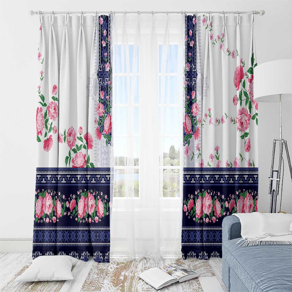 Navy Romanian National Costume Window Curtain Peony Flowers Traditional Folk Pattern - Wonder Print Shop