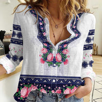 Navy Romanian National Costume Women Casual Shirt Peony Flowers Traditional Folk Pattern - Wonder Print Shop