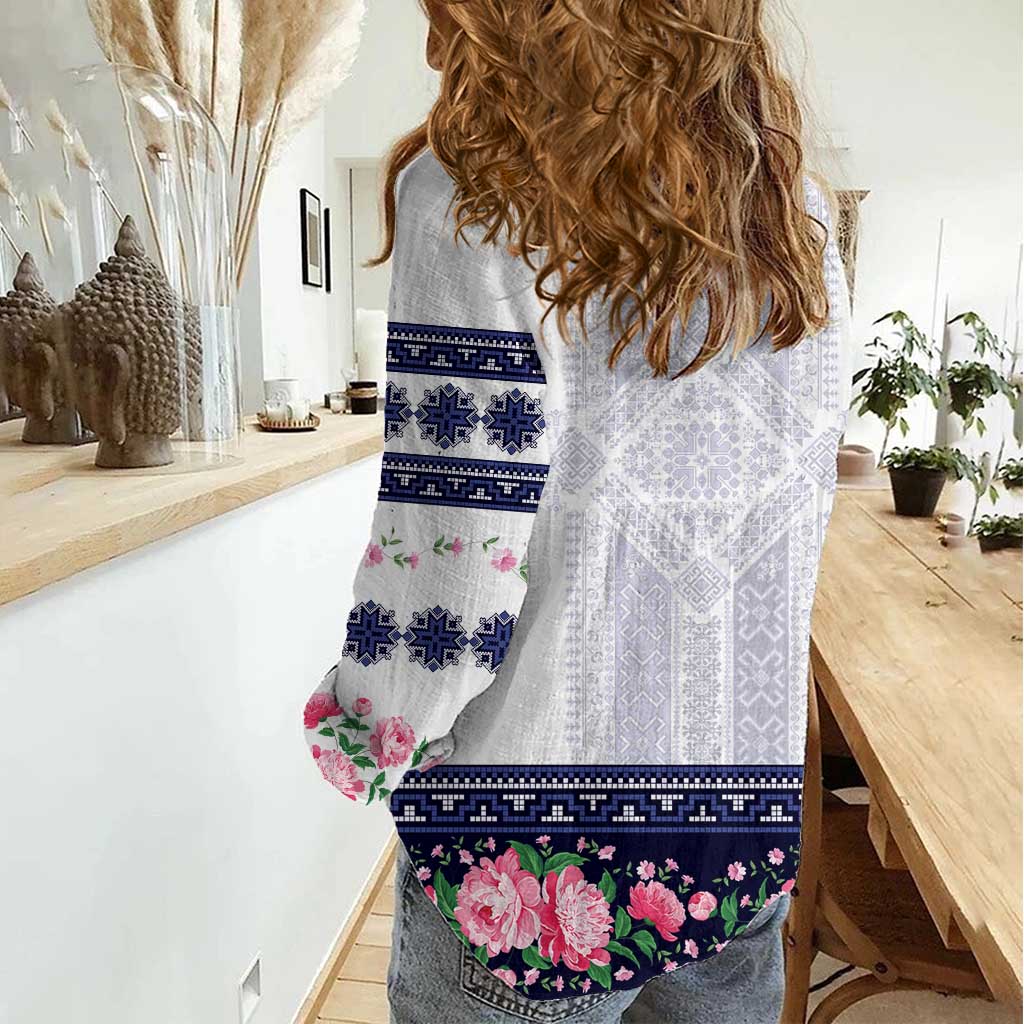 Navy Romanian National Costume Women Casual Shirt Peony Flowers Traditional Folk Pattern - Wonder Print Shop
