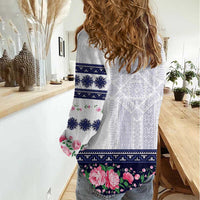 Navy Romanian National Costume Women Casual Shirt Peony Flowers Traditional Folk Pattern - Wonder Print Shop