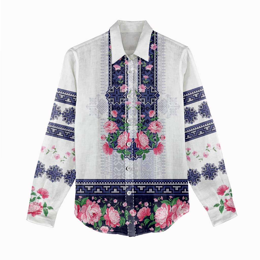 Navy Romanian National Costume Women Casual Shirt Peony Flowers Traditional Folk Pattern - Wonder Print Shop