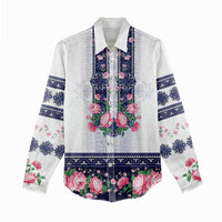 Navy Romanian National Costume Women Casual Shirt Peony Flowers Traditional Folk Pattern - Wonder Print Shop