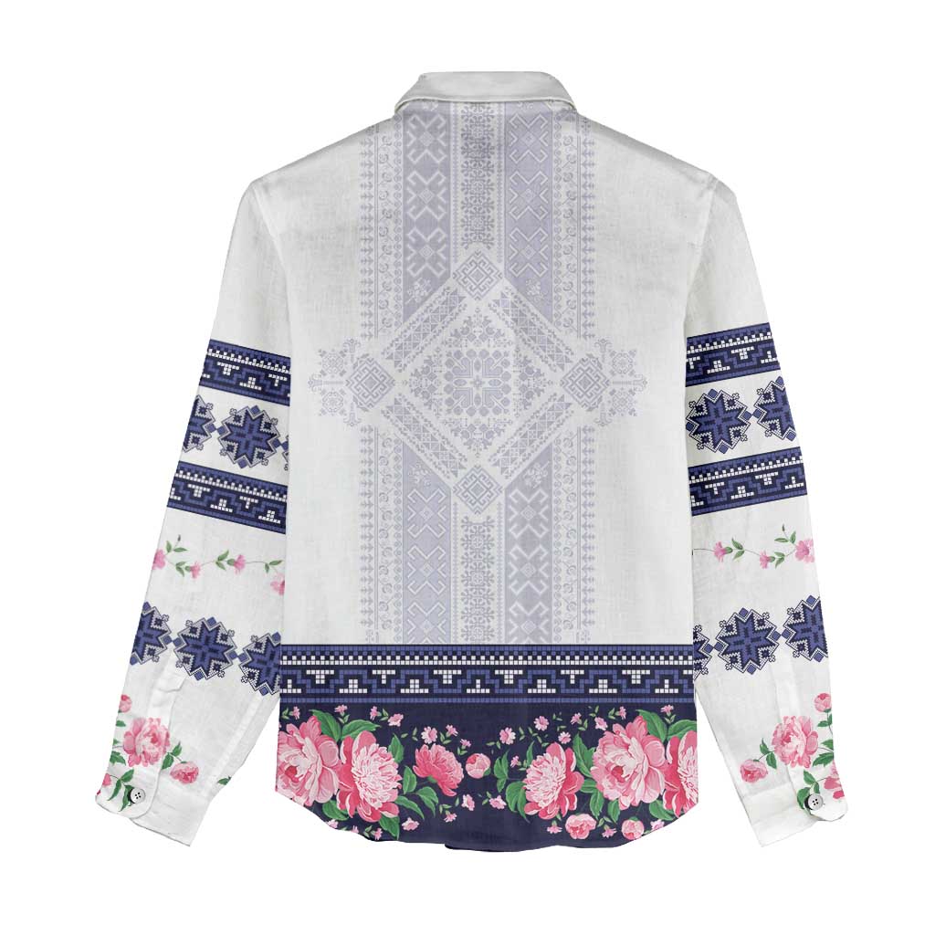 Navy Romanian National Costume Women Casual Shirt Peony Flowers Traditional Folk Pattern - Wonder Print Shop
