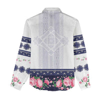 Navy Romanian National Costume Women Casual Shirt Peony Flowers Traditional Folk Pattern - Wonder Print Shop