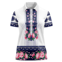 Navy Romanian National Costume Women Polo Shirt Peony Flowers Traditional Folk Pattern - Wonder Print Shop