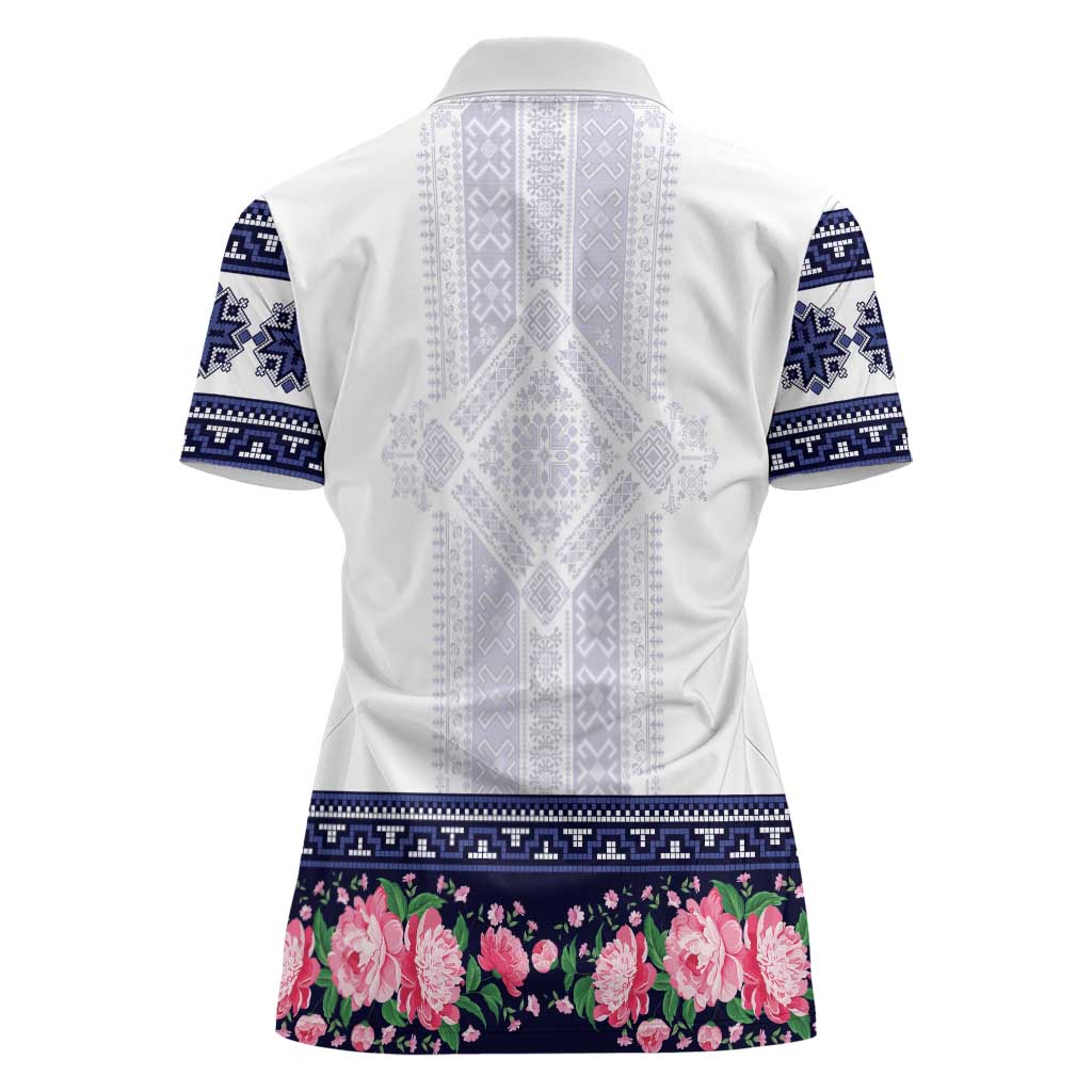 Navy Romanian National Costume Women Polo Shirt Peony Flowers Traditional Folk Pattern - Wonder Print Shop
