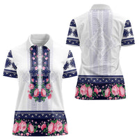 Navy Romanian National Costume Women Polo Shirt Peony Flowers Traditional Folk Pattern - Wonder Print Shop