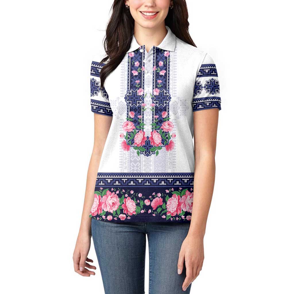 Navy Romanian National Costume Women Polo Shirt Peony Flowers Traditional Folk Pattern - Wonder Print Shop