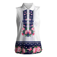 Navy Romanian National Costume Women Sleeveless Polo Shirt Peony Flowers Traditional Folk Pattern - Wonder Print Shop