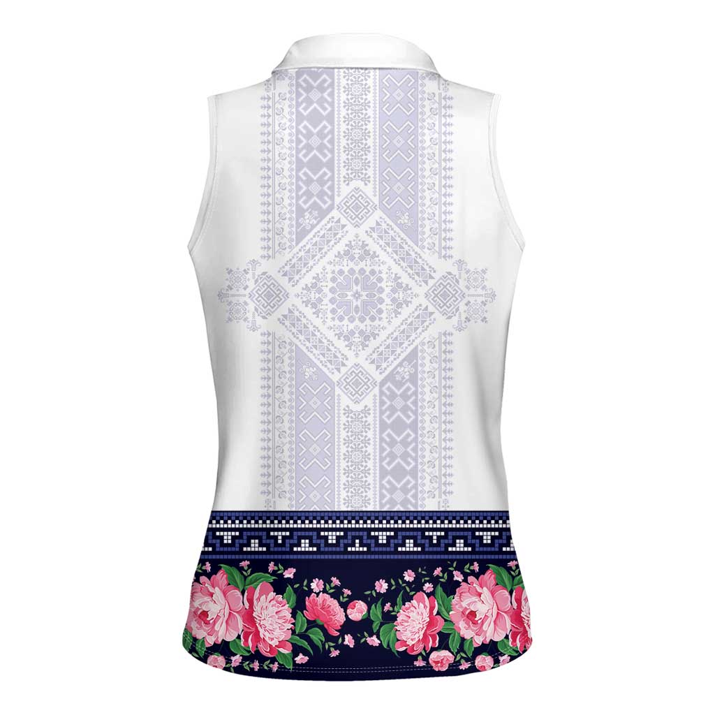 Navy Romanian National Costume Women Sleeveless Polo Shirt Peony Flowers Traditional Folk Pattern - Wonder Print Shop