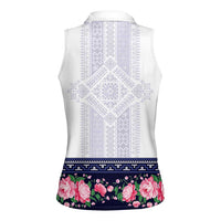 Navy Romanian National Costume Women Sleeveless Polo Shirt Peony Flowers Traditional Folk Pattern - Wonder Print Shop