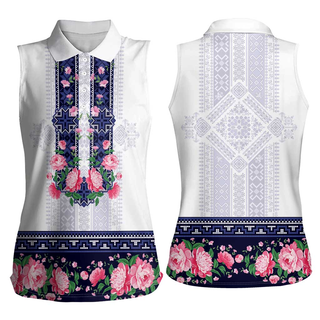 Navy Romanian National Costume Women Sleeveless Polo Shirt Peony Flowers Traditional Folk Pattern - Wonder Print Shop