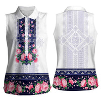 Navy Romanian National Costume Women Sleeveless Polo Shirt Peony Flowers Traditional Folk Pattern - Wonder Print Shop