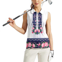 Navy Romanian National Costume Women Sleeveless Polo Shirt Peony Flowers Traditional Folk Pattern - Wonder Print Shop