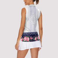 Navy Romanian National Costume Women Sleeveless Polo Shirt Peony Flowers Traditional Folk Pattern - Wonder Print Shop