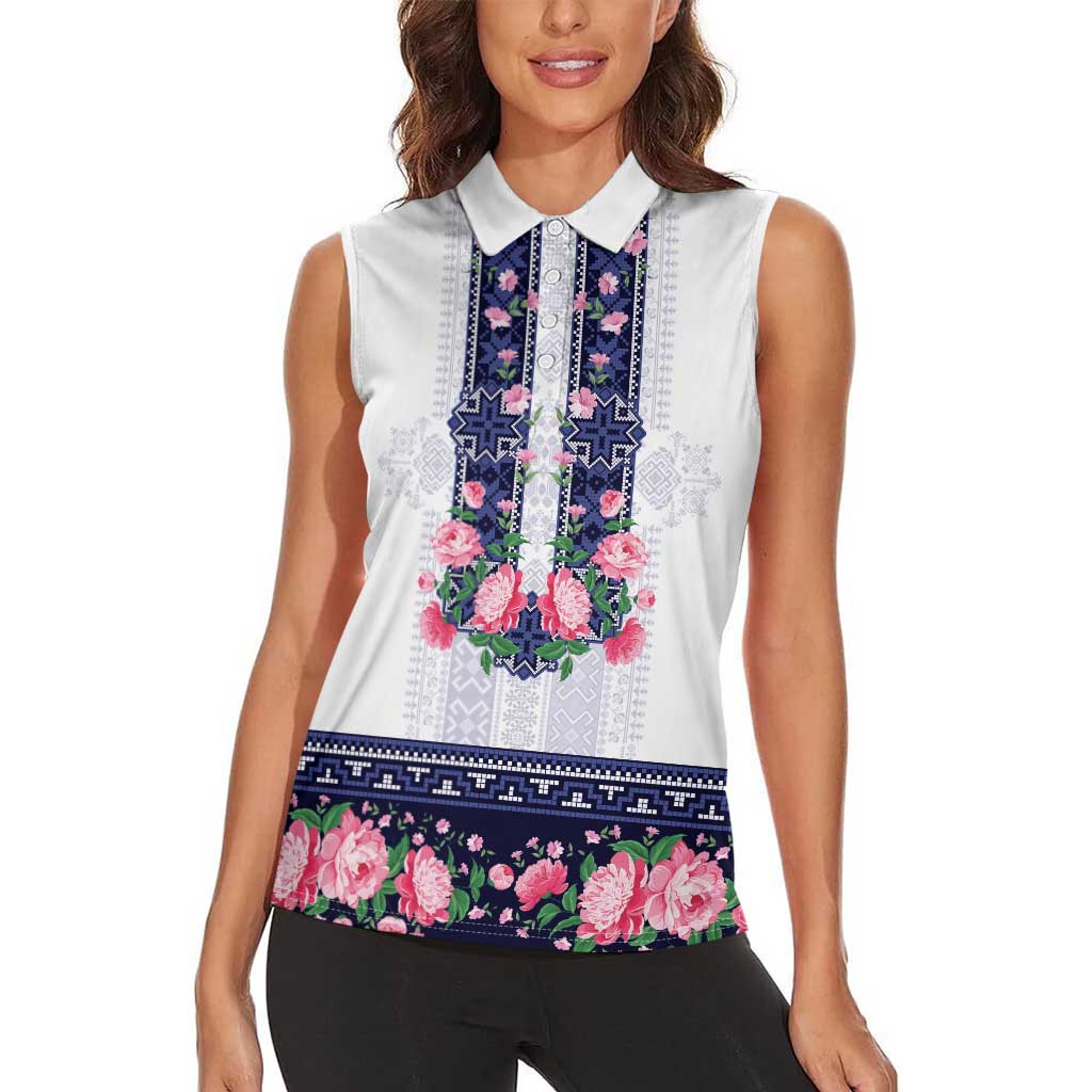 Navy Romanian National Costume Women Sleeveless Polo Shirt Peony Flowers Traditional Folk Pattern - Wonder Print Shop
