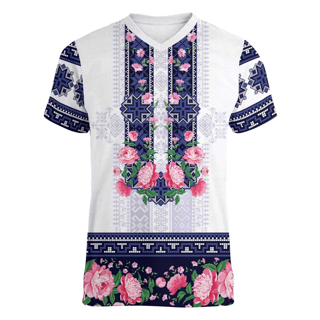 Navy Romanian National Costume Women V-Neck T-Shirt Peony Flowers Traditional Folk Pattern - Wonder Print Shop