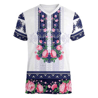Navy Romanian National Costume Women V-Neck T-Shirt Peony Flowers Traditional Folk Pattern - Wonder Print Shop