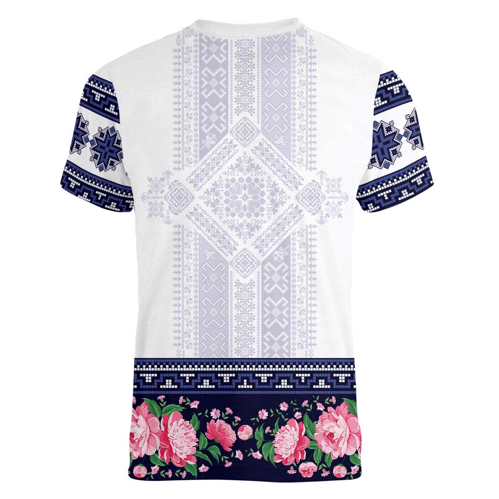 Navy Romanian National Costume Women V-Neck T-Shirt Peony Flowers Traditional Folk Pattern - Wonder Print Shop