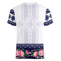 Navy Romanian National Costume Women V-Neck T-Shirt Peony Flowers Traditional Folk Pattern - Wonder Print Shop