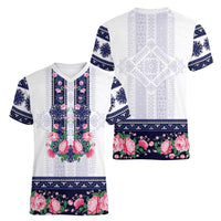 Navy Romanian National Costume Women V-Neck T-Shirt Peony Flowers Traditional Folk Pattern - Wonder Print Shop