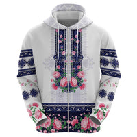 Navy Romanian National Costume Zip Hoodie Peony Flowers Traditional Folk Pattern - Wonder Print Shop