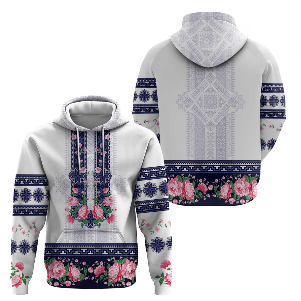 Navy Romanian National Costume Zip Hoodie Peony Flowers Traditional Folk Pattern - Wonder Print Shop