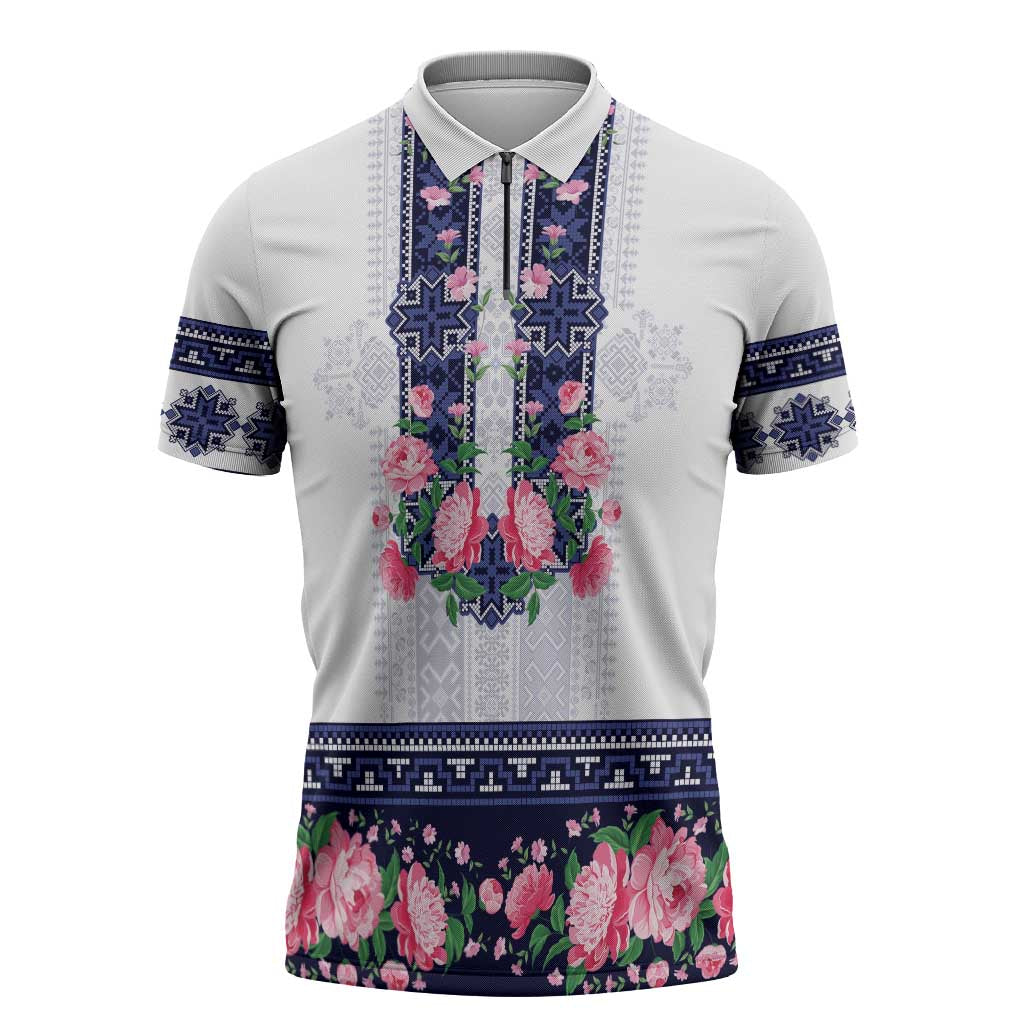 Navy Romanian National Costume Zipper Polo Shirt Peony Flowers Traditional Folk Pattern - Wonder Print Shop