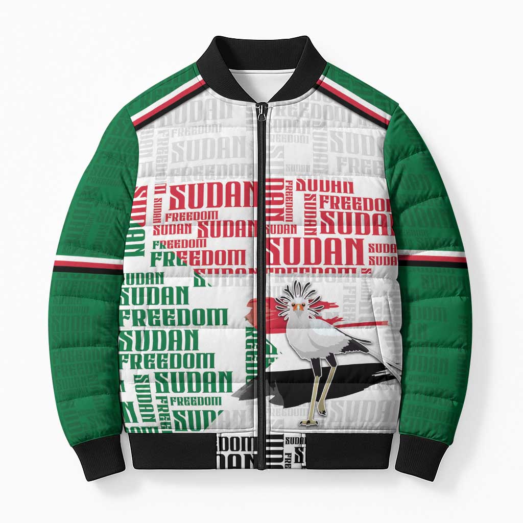 Personalized Sudan Bomber Puffer Jacket Secretary Bird With Typography Patterns - Wonder Print Shop