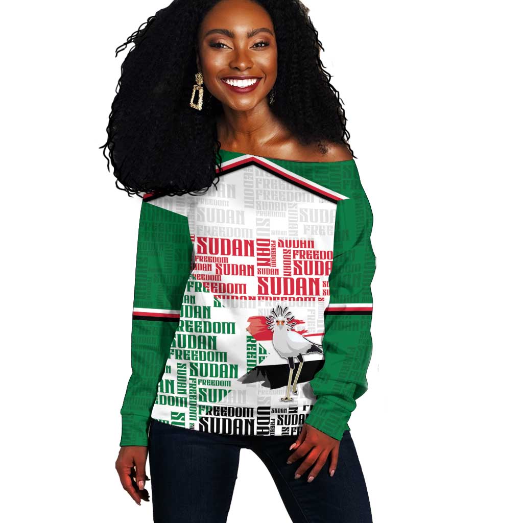 Personalized Sudan Off Shoulder Sweater Secretary Bird With Typography Patterns - Wonder Print Shop