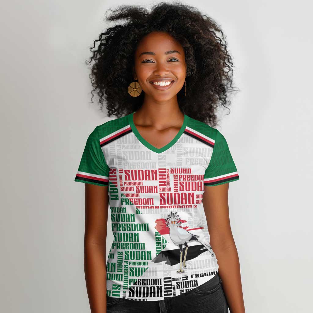 Personalized Sudan Women V-Neck T-Shirt Secretary Bird With Typography Patterns - Wonder Print Shop