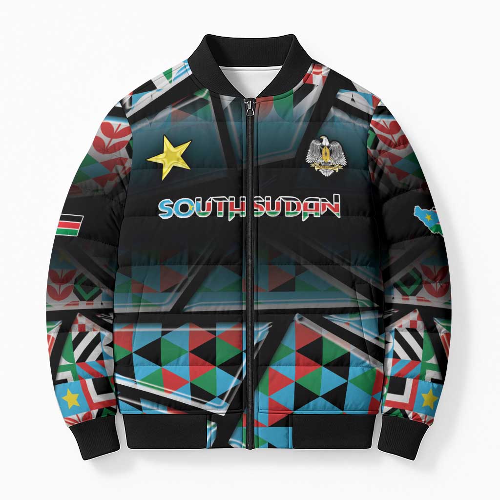 Custom South Sudan Bomber Puffer Jacket Geometric African Patterns - Wonder Print Shop