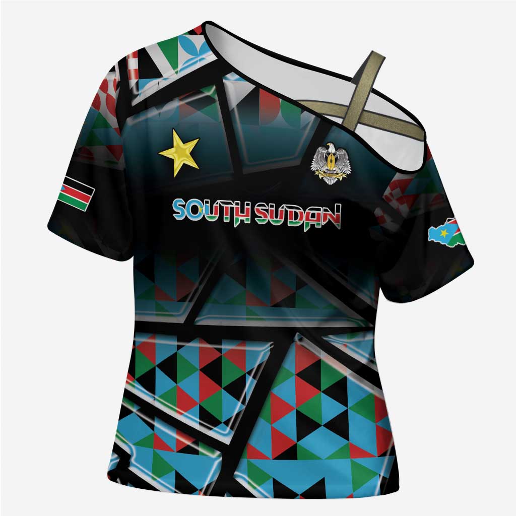 Custom South Sudan Cross Shoulder Shirt Geometric African Patterns - Wonder Print Shop