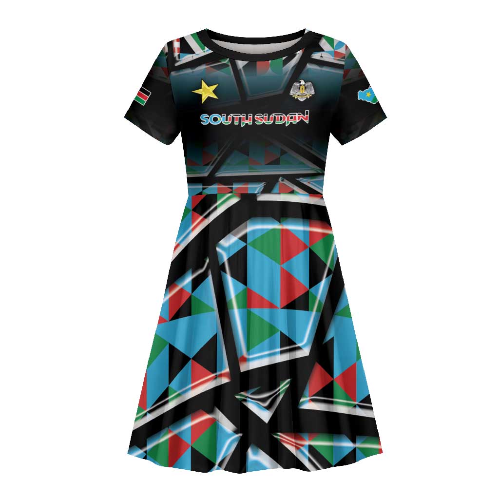 Custom South Sudan Kid Short Sleeve Dress Geometric African Patterns - Wonder Print Shop
