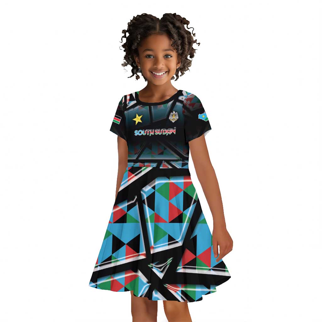 Custom South Sudan Kid Short Sleeve Dress Geometric African Patterns - Wonder Print Shop