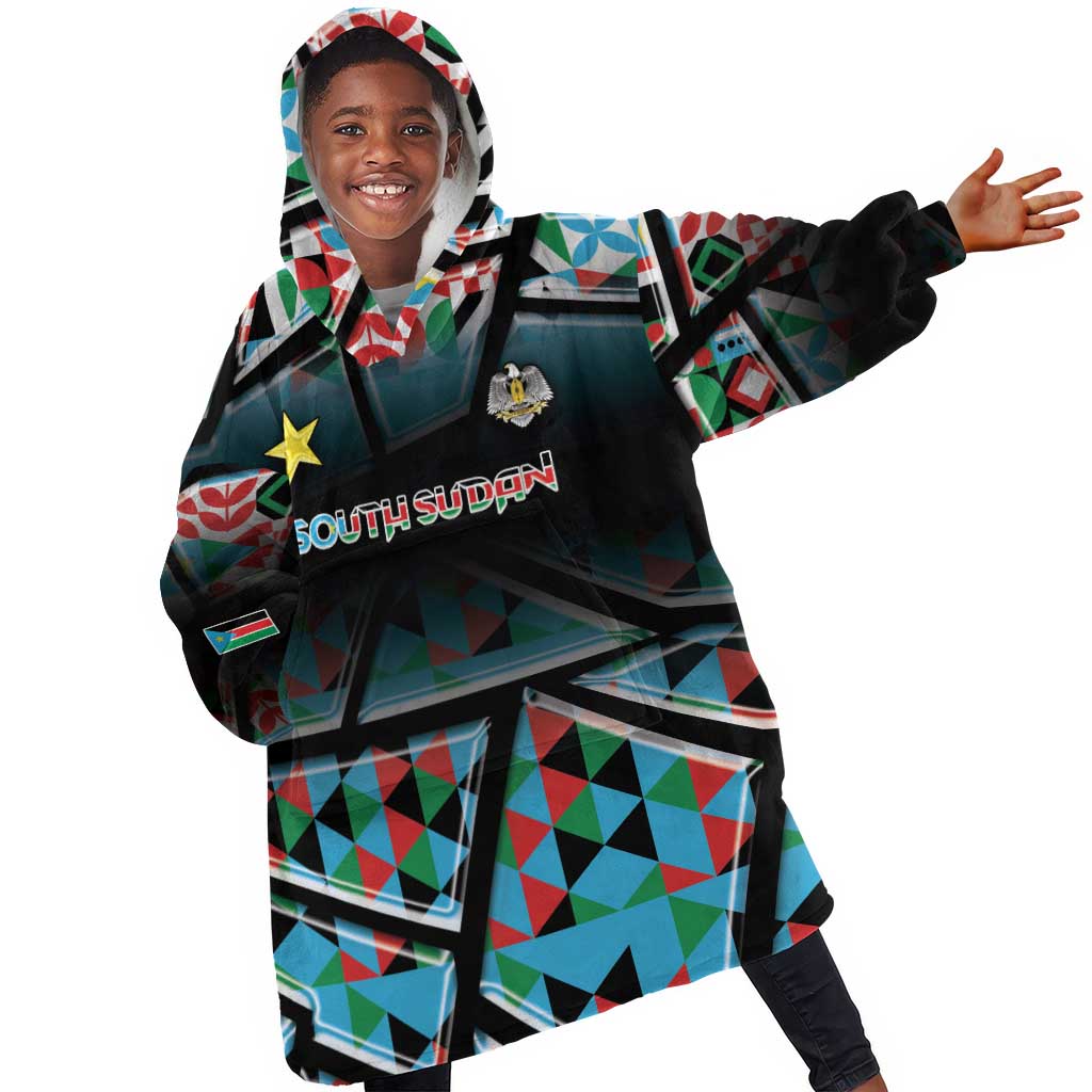 Custom South Sudan Kid Wearable Blanket Hoodie Geometric African Patterns - Wonder Print Shop