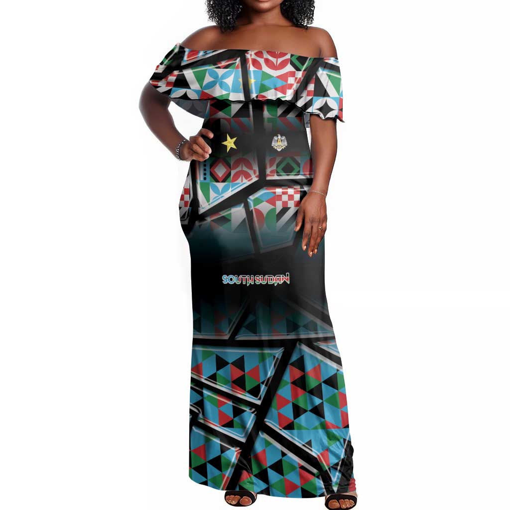 Custom South Sudan Off Shoulder Maxi Dress Geometric African Patterns - Wonder Print Shop