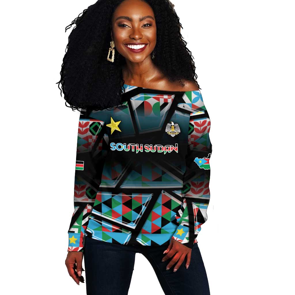 Custom South Sudan Off Shoulder Sweater Geometric African Patterns - Wonder Print Shop