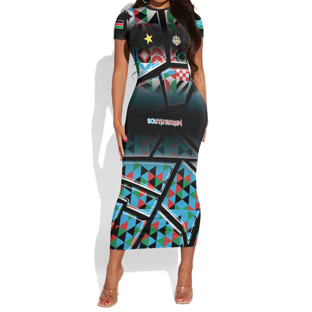 Custom South Sudan Short Sleeve Bodycon Dress Geometric African Patterns - Wonder Print Shop