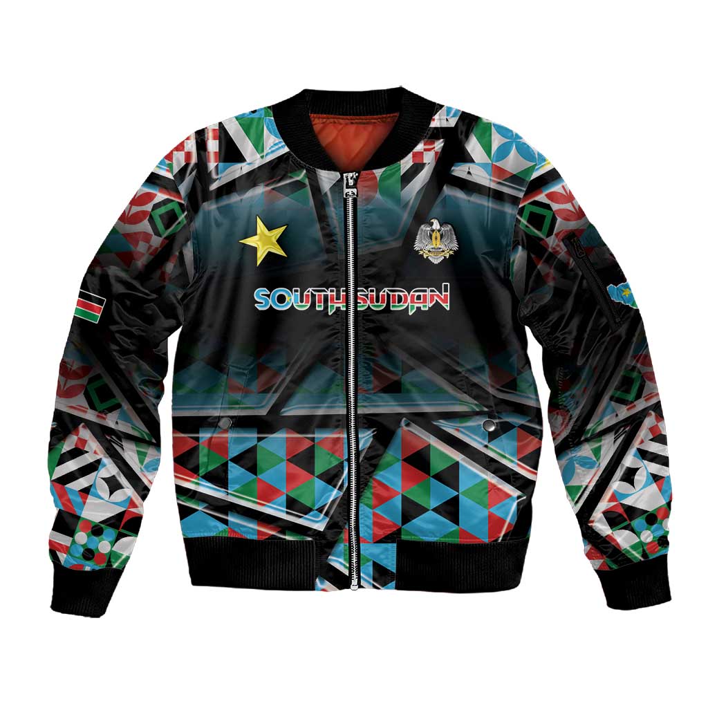 Custom South Sudan Sleeve Zip Bomber Jacket Geometric African Patterns - Wonder Print Shop