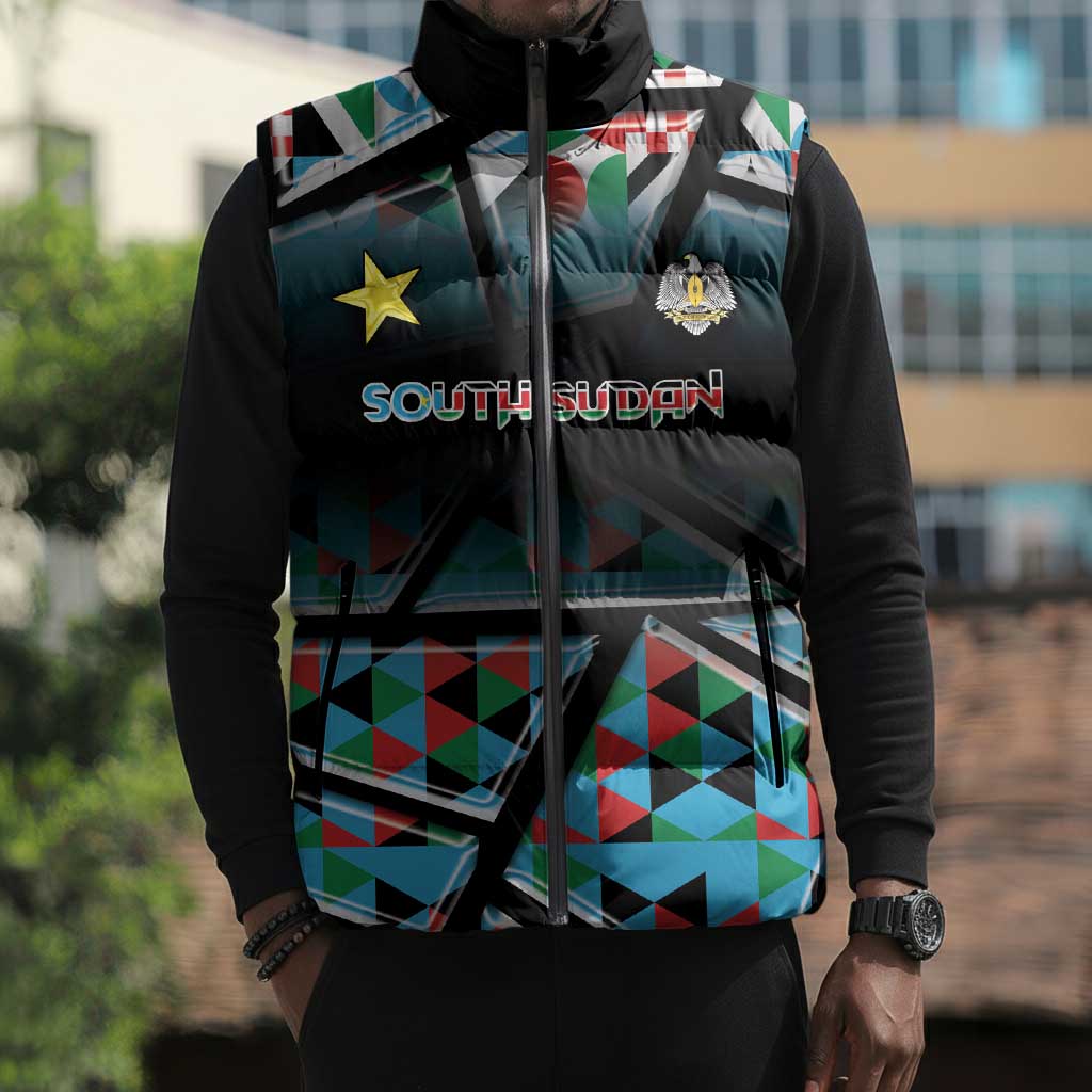 Custom South Sudan Sleeveless Puffer Jacket Geometric African Patterns - Wonder Print Shop