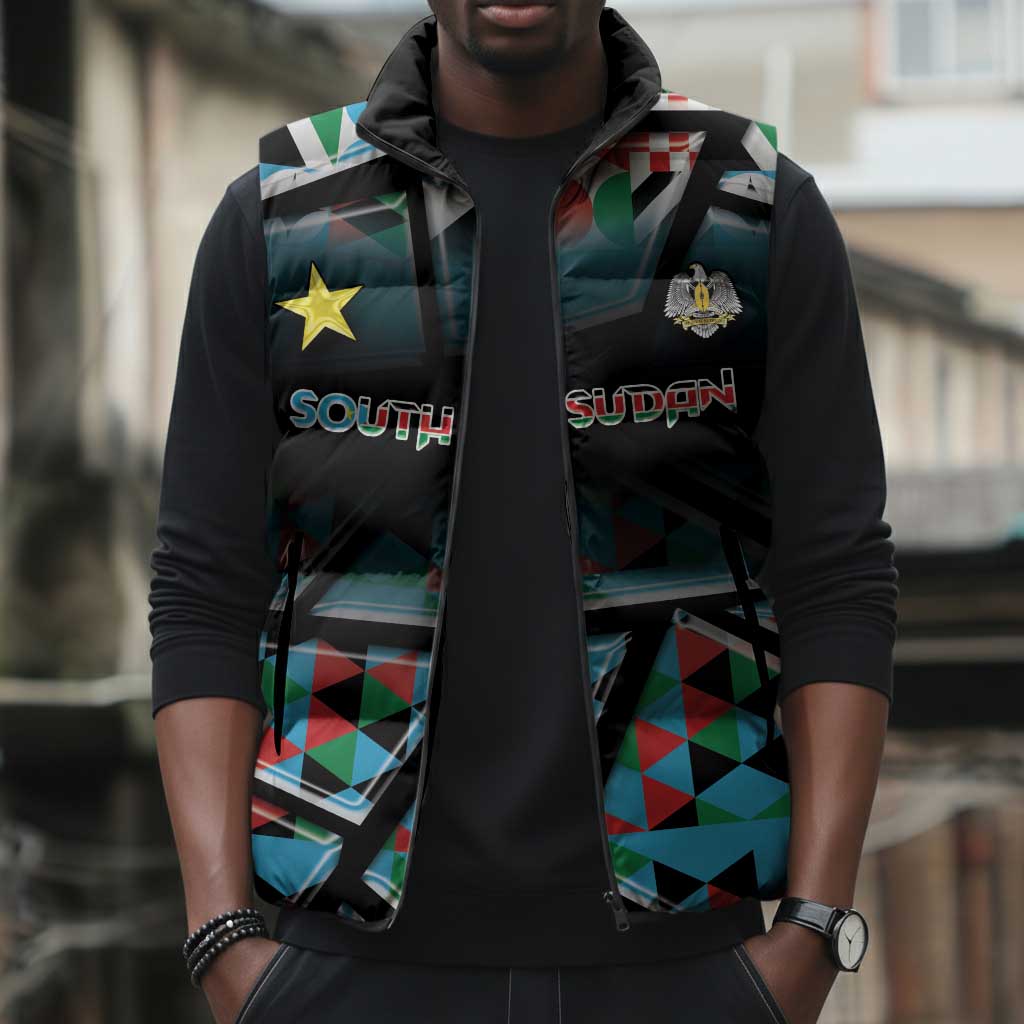 Custom South Sudan Sleeveless Puffer Jacket Geometric African Patterns - Wonder Print Shop