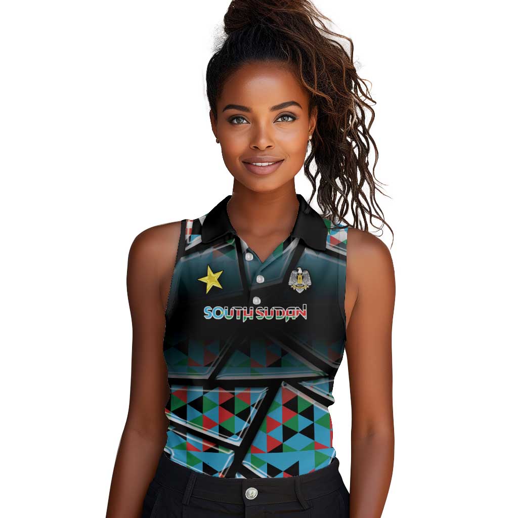 Custom South Sudan Women Sleeveless Polo Shirt Geometric African Patterns - Wonder Print Shop